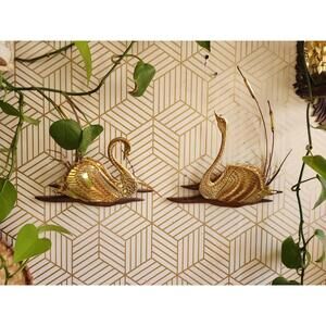 Vintage MCM Brass Toned Swan Wall Hanging, Set of 2, Retro Wall Decor